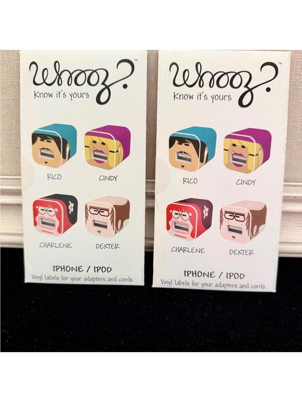Whooz? Vinyl ID stickers for Apple small plug adapter/cords - Set of 2. NIB